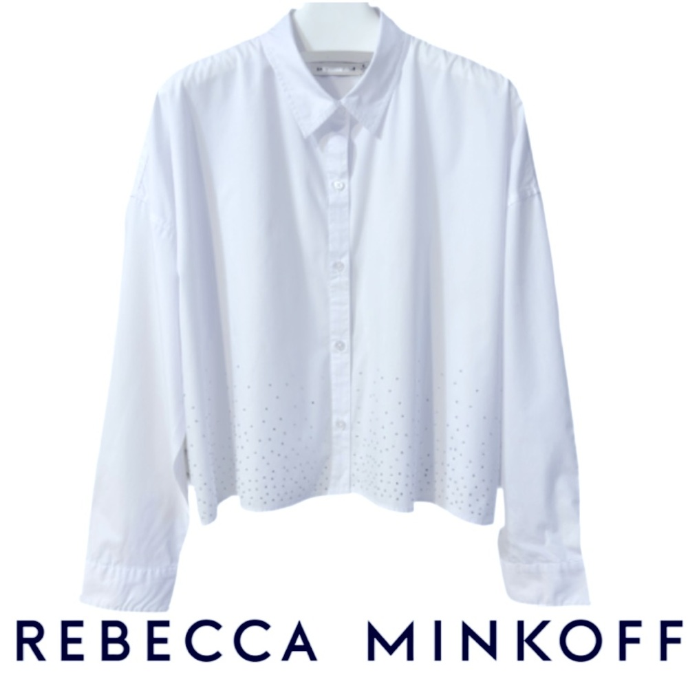 REBECCA MINKOFF | Oversized Cropped Collared Long Sleeve Button Front Shirt Top